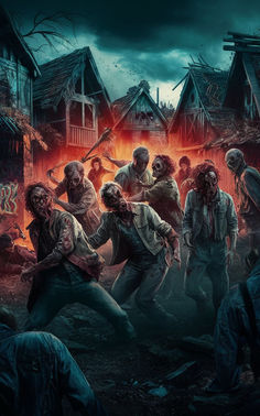 a group of zombies in front of a house with fire coming from the roof and on to the ground