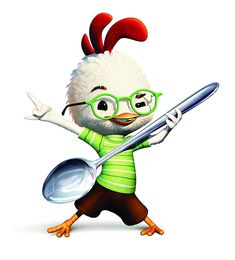 a cartoon chicken with glasses holding a spoon