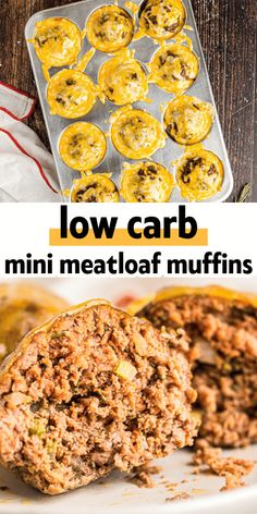 low carb mini meatloaf muffins on a white plate with text overlay