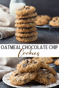 oatmeal chocolate chip cookies stacked on top of each other