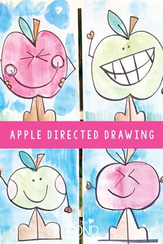 four apple drawings with the words apples directed drawing in pink and blue, on top of each other