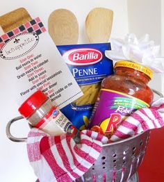 a basket filled with lots of food and cooking utensils