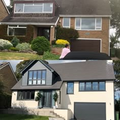 two houses with the same roof and one has a car parked in front of it