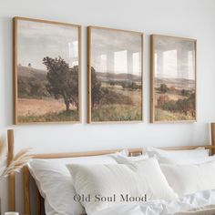 two paintings hanging on the wall above a bed in a room with white sheets and pillows