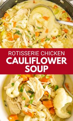 Cauliflower chicken soup. Cauliflower And Chicken Soup, Creamy Chicken Cauliflower Soup, Cauliflower Chicken Soup Recipes, Rotisserie Chicken Cauliflower Recipes, Frozen Cauliflower Soup Recipes, Can Chicken Soup Recipes, Anti Inflammation Chicken Soup, Chicken And Cauliflower Soup, Soup Recipes Easy Chicken