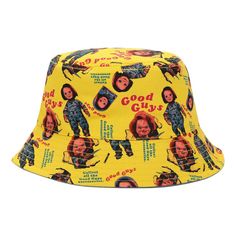 Stay on-trend with this officially licensed Chucky bucket hat! This versatile bucket hat is not only stylish but also reversible, offering two distinct looks in one. On one side, you'll find a denim design featuring the iconic "Good Guys" logo, perfect for showcasing your love for the notorious killer doll. The other side boasts a rolling print of Chucky himself, adding a touch of horror charm to your outfit. Crafted from cotton twill, this bucket hat ensures comfort and durability. For easy mai Trendy Streetwear Bucket Hat With Letter Print, Casual Reversible Bucket Hat, Trendy Reversible Bucket Hat, Fun Reversible Bucket Hat, Reversible Cotton Bucket Hat, Retro Reversible Hat With Curved Brim, Trendy Reversible Cap, Trendy Reversible Cotton Hat, Trendy Cotton Reversible Hat