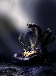 an image of a woman riding on the back of a boat with two snakes around her