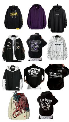 a bunch of hoodies that are all different colors and designs on the same shirt