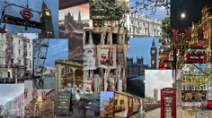 a collage of photos with buildings, buses and telephone booths in london at night