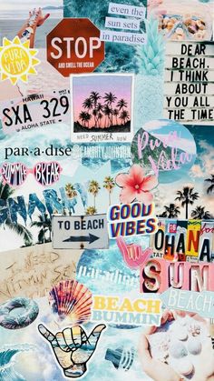 the collage has many different pictures and words on it as well as palm trees