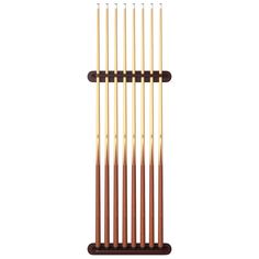 a set of eight pool cues sitting on top of a wooden rack in front of a white background