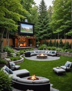 a backyard with a fire pit and seating area