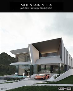 a car is parked in front of a modern house