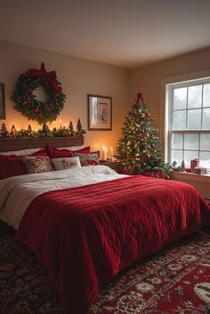 a bedroom decorated for christmas with red bedding and lights on the windowsills