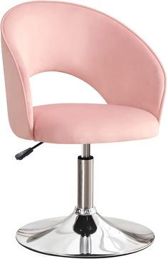 a pink office chair with chrome base and foot rest on an isolated white background,