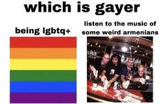 a group of people sitting at a table with food on it and the caption which is gayer