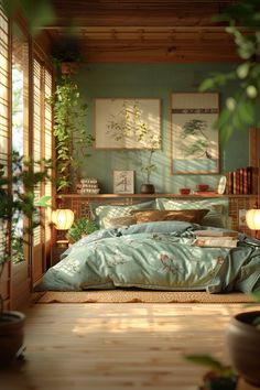 a bedroom with green walls and bamboo blinds on the window sill, along with a bed covered in a blue comforter