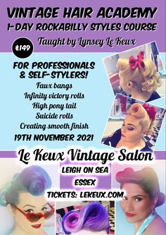 Learn classic Rockabilly hairstyles with Le Keux vintage salon Rockabilly Hairstyles, Faux Bangs, Hair Academy, Victory Rolls, Rockabilly Hair, Rockabilly Fashion, Vintage Hair, Bridal Hair And Makeup