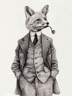 a pencil drawing of a fox wearing a suit and tie with a pipe in its mouth