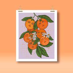 an orange tree with five oranges on it and flowers in the foreground, against a peach colored background