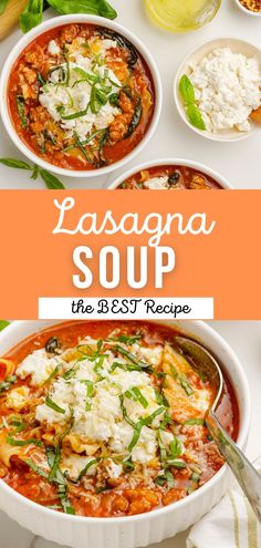 lasagna soup in a bowl with the title above it