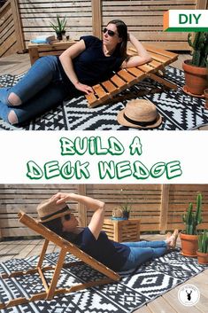 a woman laying on top of a wooden lawn chair next to a potted plant