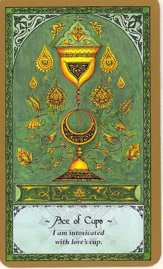 a card with the words ace of cup and an image of a crescent on it