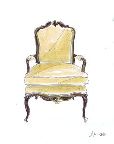 a drawing of an old chair with yellow upholster