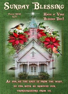 a church with poinsettis and flowers on the front is an ad for sunday blessing