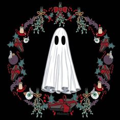 a white ghost surrounded by christmas decorations