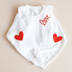 Wedding Favorites: Embossed Love Sweatshirt Galentine's Party, Embossed Text, Custom Trucker Hats, Love Sweatshirt, Cute Shirt Designs, White Fleece, Embroidery Sweatshirt, Red Hearts