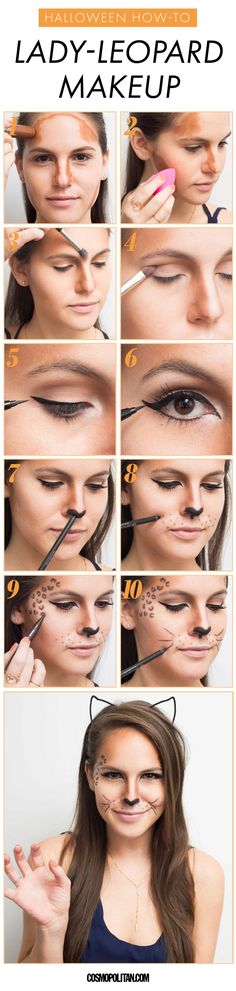 How to Pull Off a Convincing Leopard Costume This Halloween- Cosmopolitan.com Makeup Tutorial With Products, Leopard Makeup Tutorial, Leopard Makeup Halloween, Cheetah Halloween Costume, Cat Makeup Tutorial, Simple Cat Makeup, Cheetah Makeup, Cheetah Costume, Cat Halloween Makeup