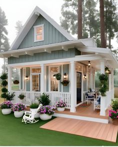 a small house with porches and potted plants