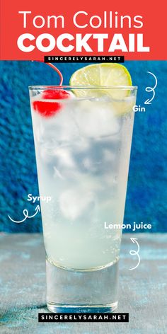 a tall glass filled with ice and lemon