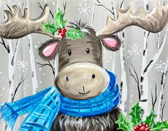 a painting of a moose wearing a scarf with holly berries on it's antlers