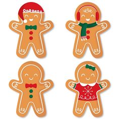 four ginger cutouts with different designs on them