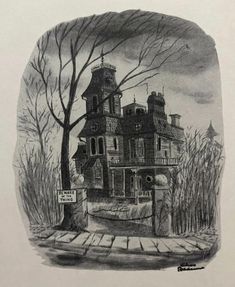 a drawing of an old house in the woods