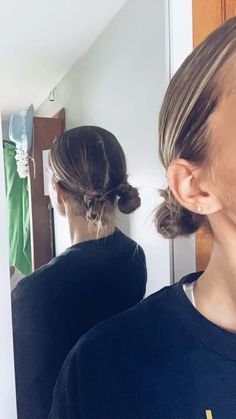 space buns 🪐👽 Two Small Buns Hairstyle, Braids And Space Buns Short Hair, Space Buns Shoulder Length Hair, Hairstyles For Short Hair Space Buns, Volleyball Hairstyles Space Buns, Braided Space Buns Low, Thick Hair Space Buns, Low Space Buns