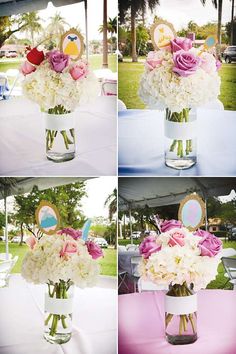 four different pictures of flowers in a vase on a table at a wedding or other event