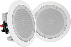 two white ceiling speakers with red trims