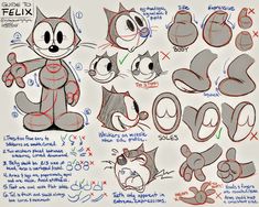 a drawing book page with various poses and expressions for cartoon cats, including the cat's head