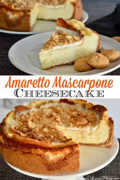 an image of a cheesecake on a plate with the words amarretto mascarpone