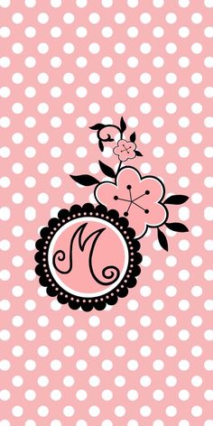 a pink and white polka dot background with flowers