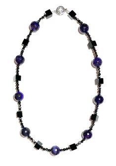 This stylish necklace is made of faceted dark purple agate (14mm) and interspaced with black cubes (8mm) and tiny black agate round beads (3mm). It is embellished with an elegant silver round clasp with a lace pattern and a shiny crystal, which not only functionally secures the necklace but is also an eye-catching decorative piece. Black Cube, Cube Necklace, Purple Agate, Stylish Necklace, Black Agate, Lace Pattern, Dark Purple, Chain Styles, Round Beads