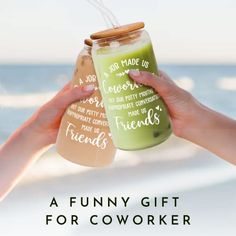 two hands holding up a green mason jar with the words, funny gift for coworkers