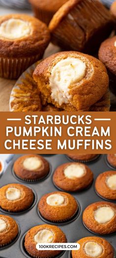 starbuck's pumpkin cream cheese muffins in a muffin tin with text overlay