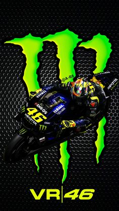 the monster yamaha racing team is depicted in neon colors on black and green with yellow lettering that reads vr 46