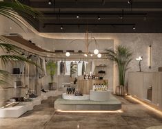 the interior of a store with plants and bottles on display