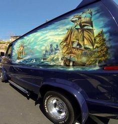 a van painted with an image of a pirate ship