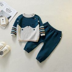 Navy Blue / 3M / China Knitting Stitching Suit CartoonsOutfit Casual Knit Sets For Winter, Cozy Playtime Sets For Fall, Winter Knit Long Sleeve Sets, Winter Long Sleeve Knit Sets, Playful Blue Sets For Fall, Cute Long Sleeve Sets For Winter, Cute Long Sleeve Winter Sets, Playful Long Sleeve Sets For Fall, Cute Blue Sweater For Playtime